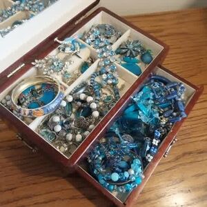 Turquoise Blue Mixed Jewelry Lot in Wooden Box